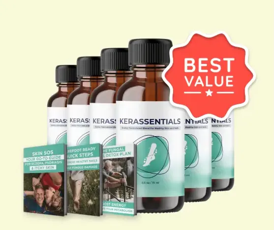 Six Kerassentials topical oil bottles