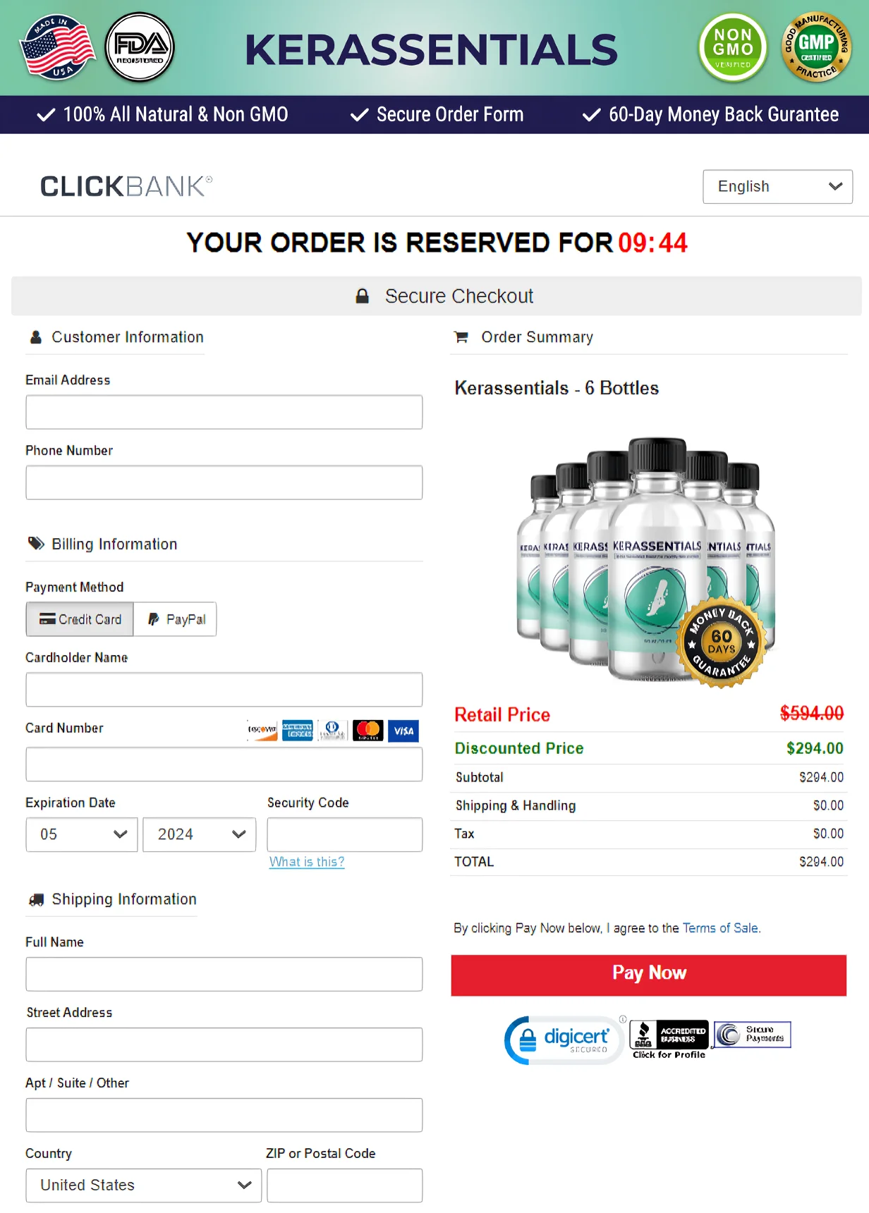 Example of the Kerassentials third-party checkout page